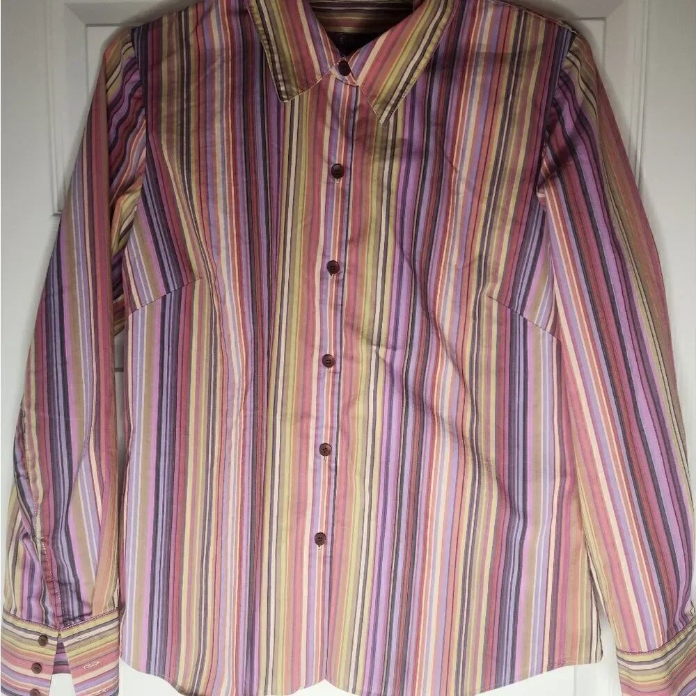 Sigrid Olsen 10 Striped Multicolored Lgslvs Cotton BlendButtons Up Women’s Shirt